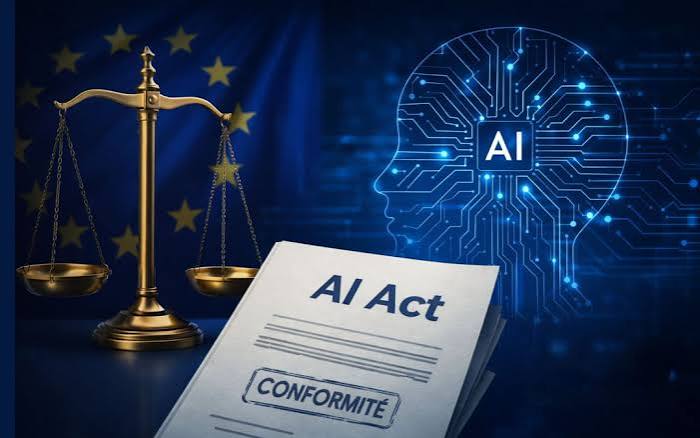 Balance de la justice et document AI Act devant un cerveau numérique symbolisant la conformité IA