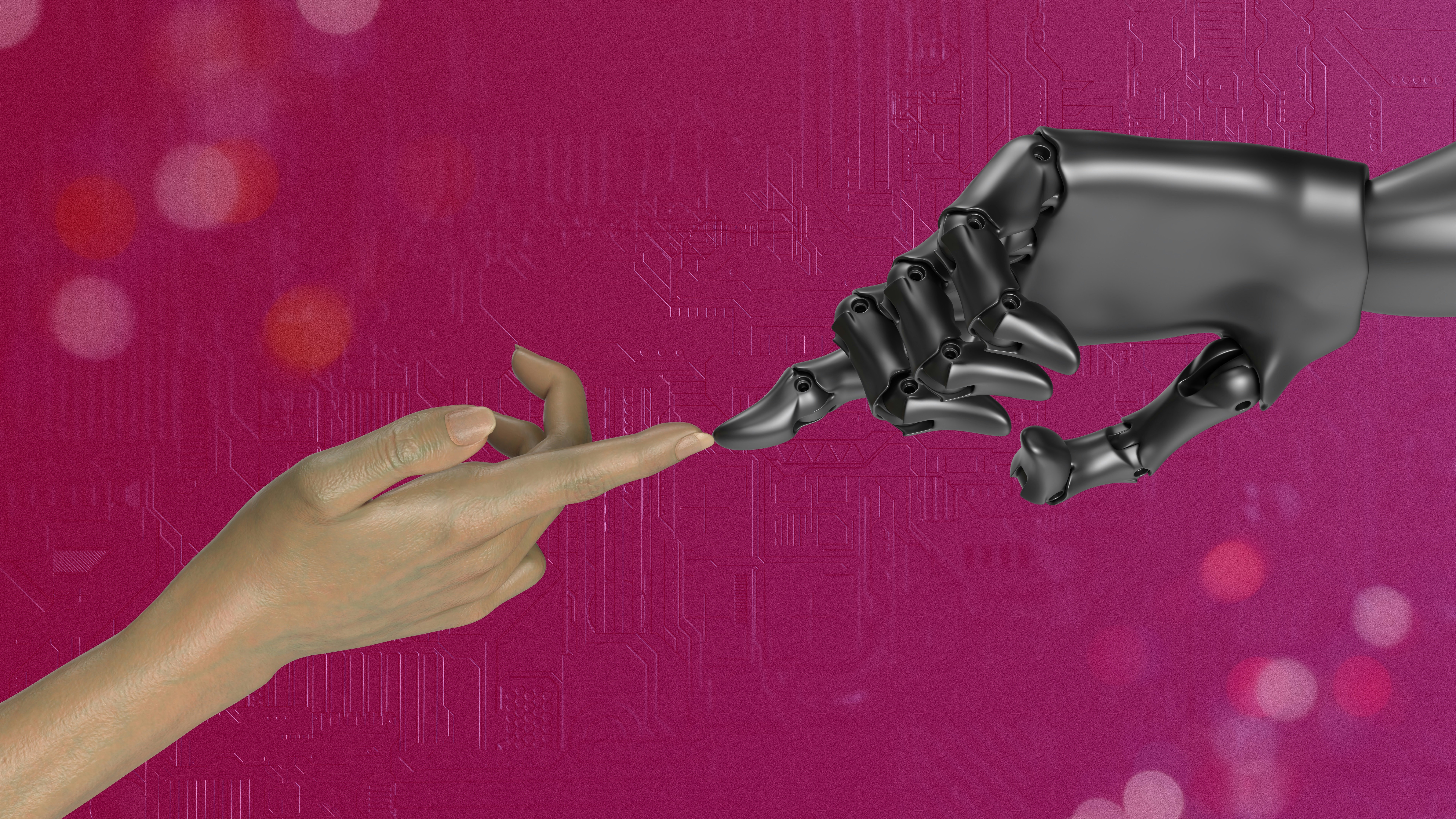 Main humaine et main robotique tendues l’une vers l’autre, symbolisant la coopération entre humains et IA