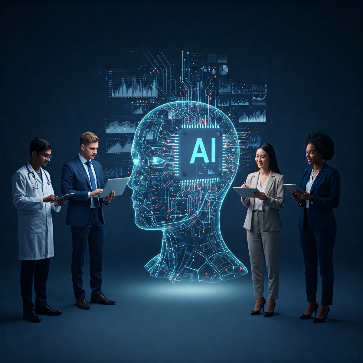 Professionnels réunis autour d'une représentation de l'intelligence artificielle