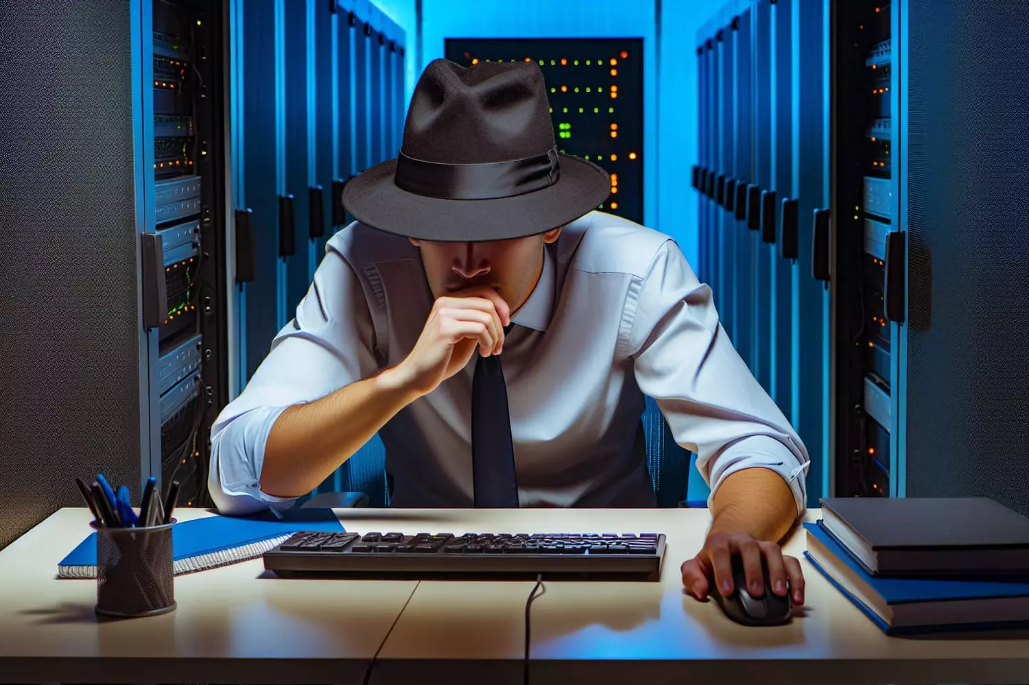 Détective face à un poste de travail numérique symbolisant les usages Shadow AI non gouvernés