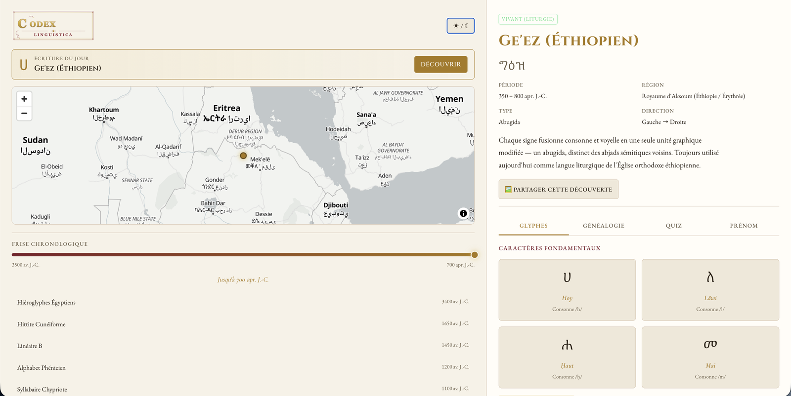 Codex Linguistica interactive map and timeline with script sheet