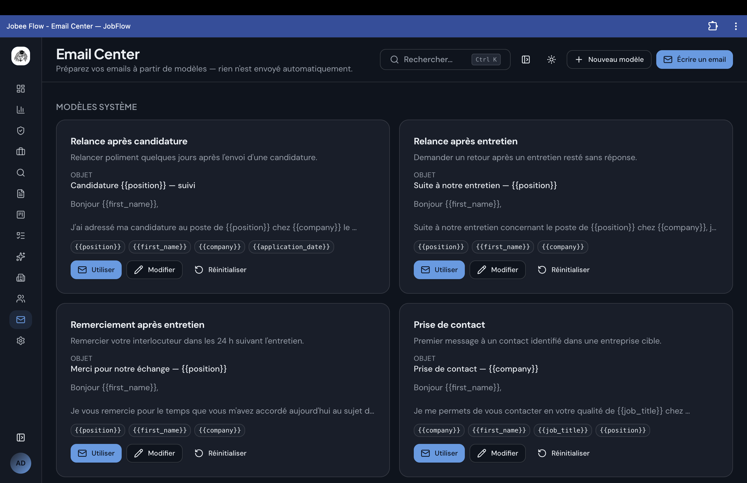 JobFlow email center with reusable templates