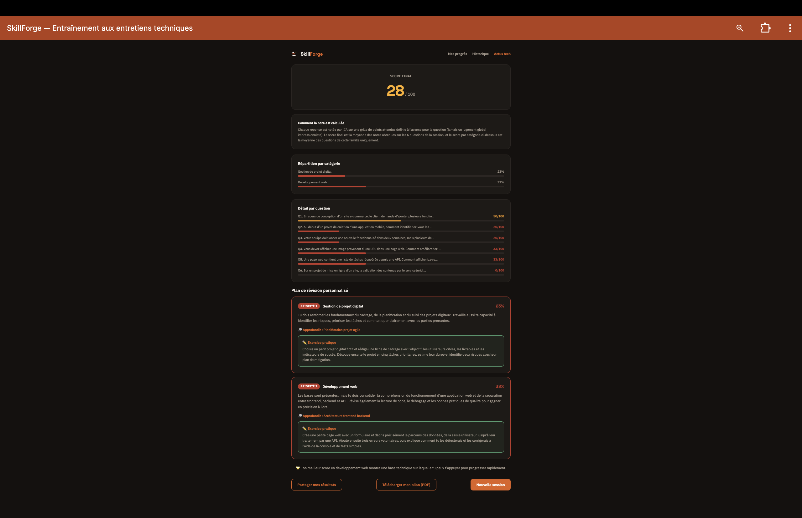 SkillForge session results and personalized revision plan