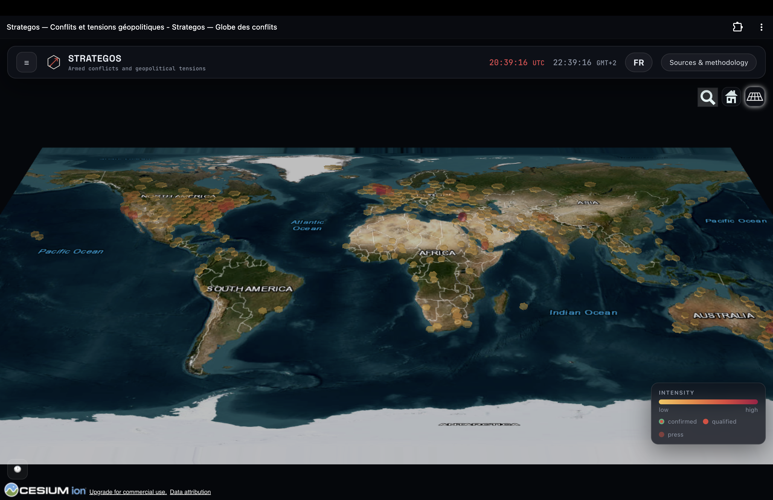 Strategos source layers and event details over a 3D map