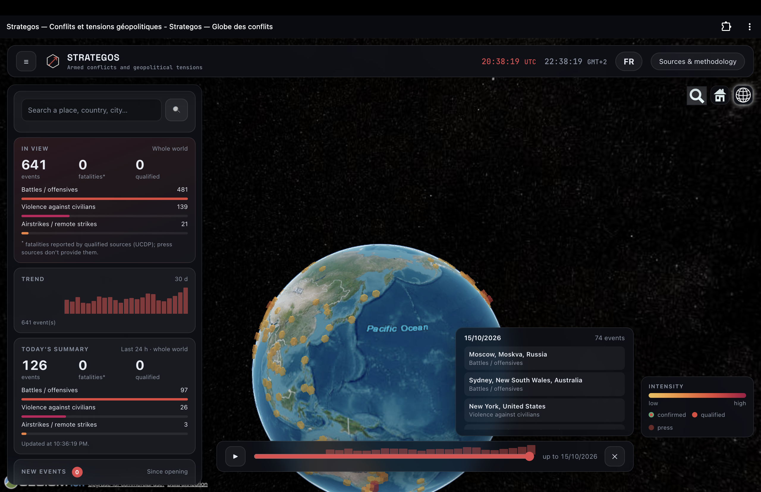 Globe 3D Strategos avec visualisation des conflits et tensions géopolitiques