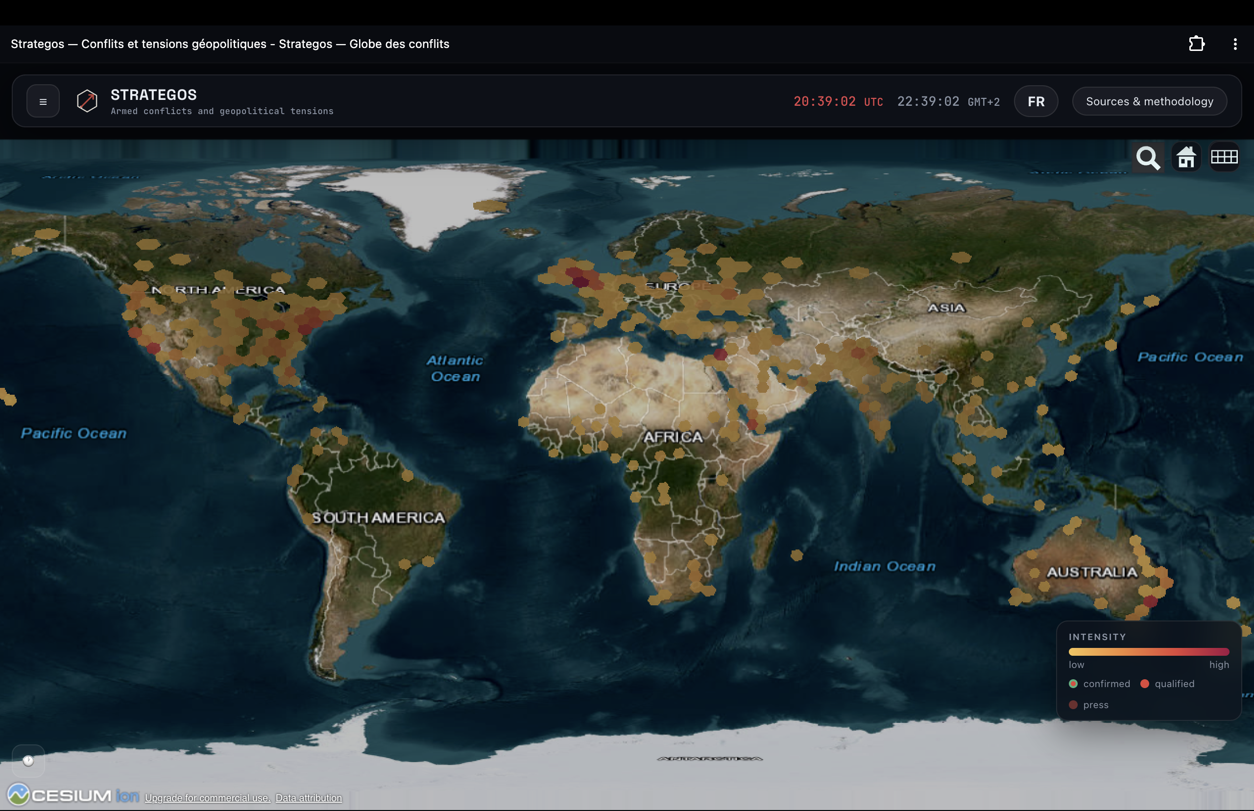 Worldwide view of conflict events plotted over the globe