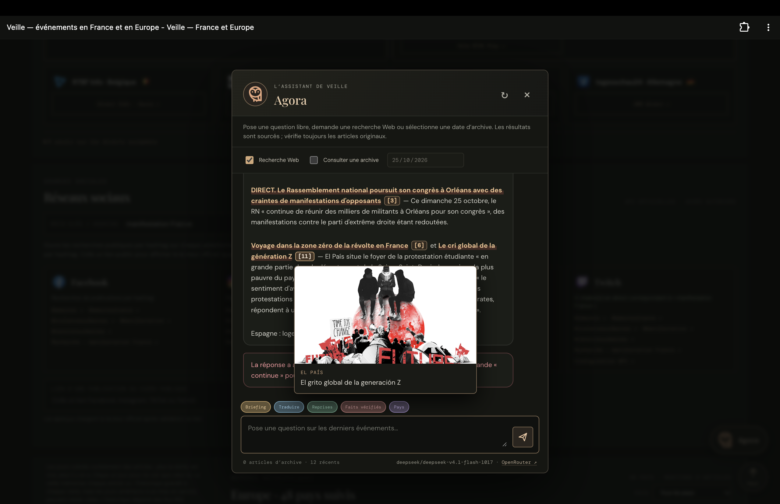 Agora assistant response with cited articles and a source preview