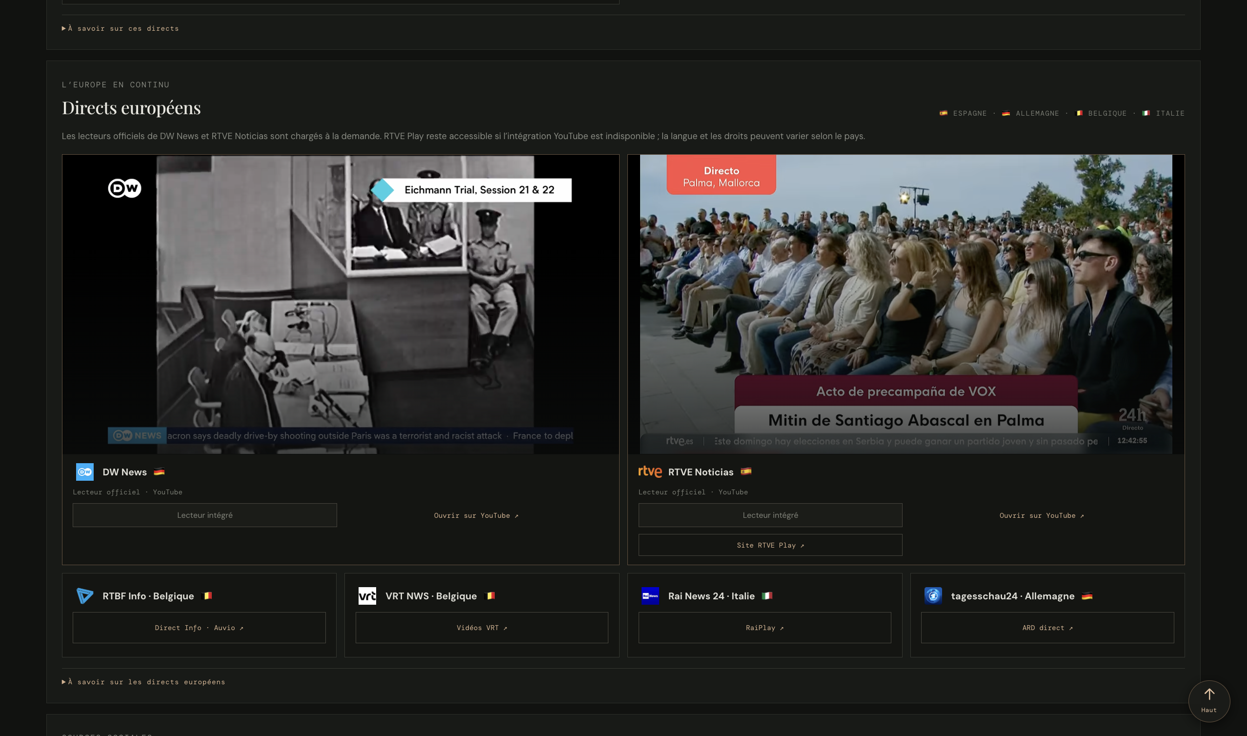 Official European news channel video players and broadcaster links