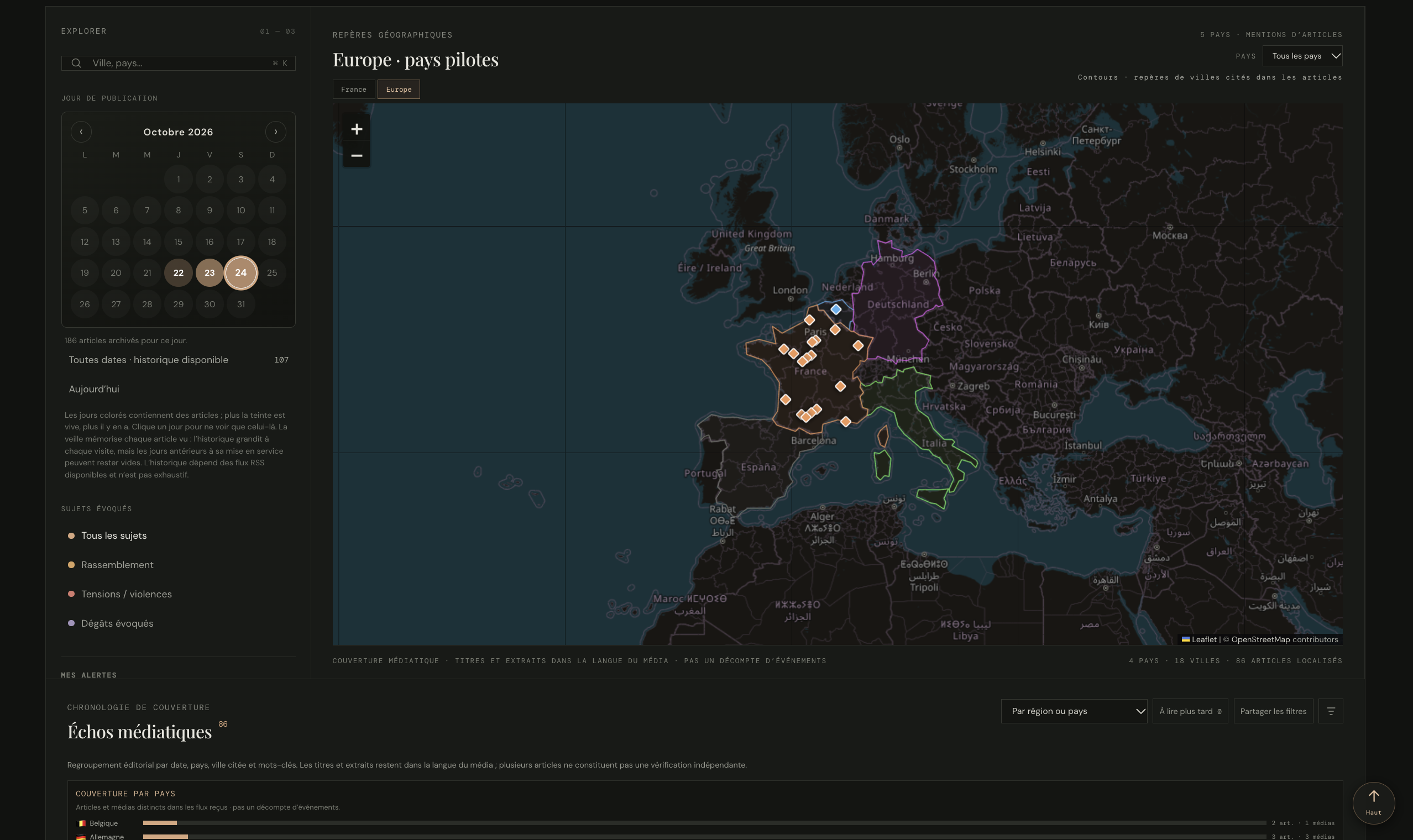 Interactive map of article mentions across pilot European countries