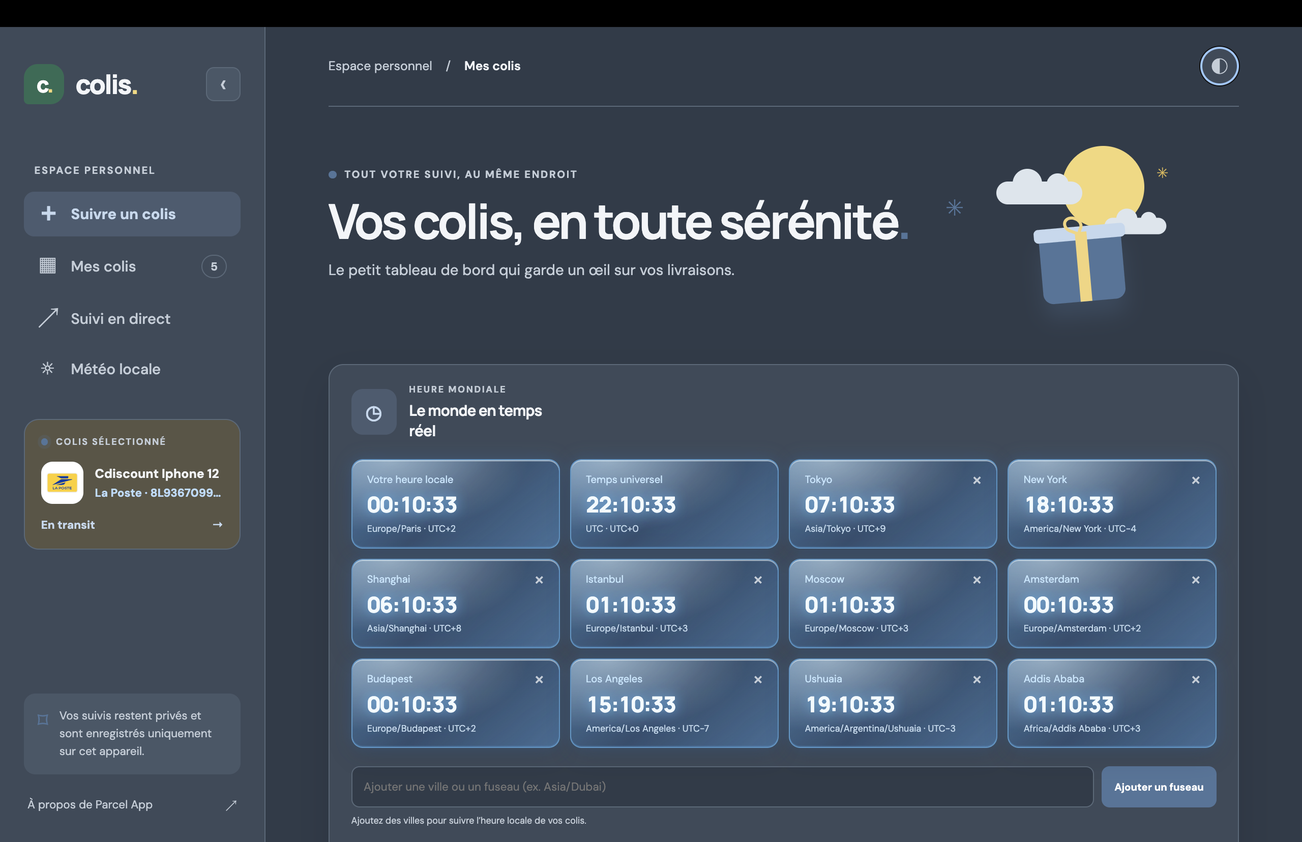 Tableau de bord Widget Parcels pour suivre des colis et consulter les fuseaux horaires