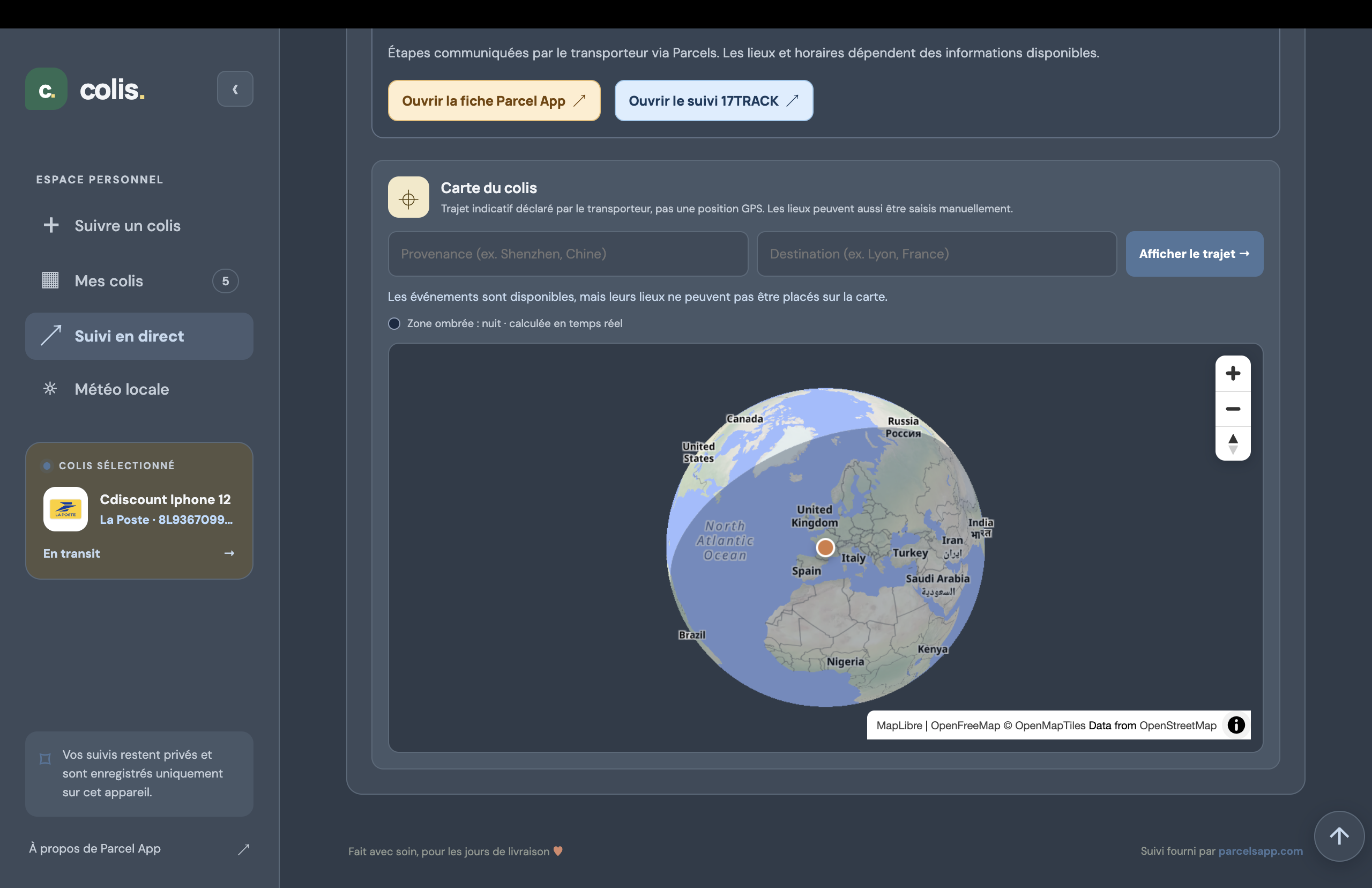 Indicative parcel route displayed on a 3D globe