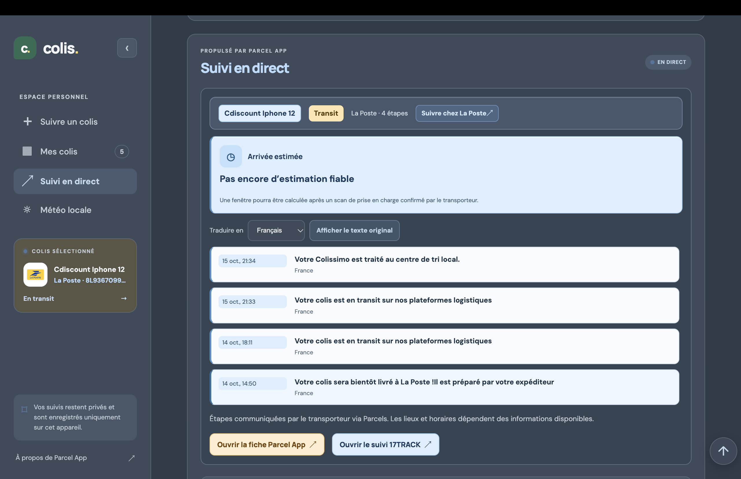 Parcel tracking details and available tracking information