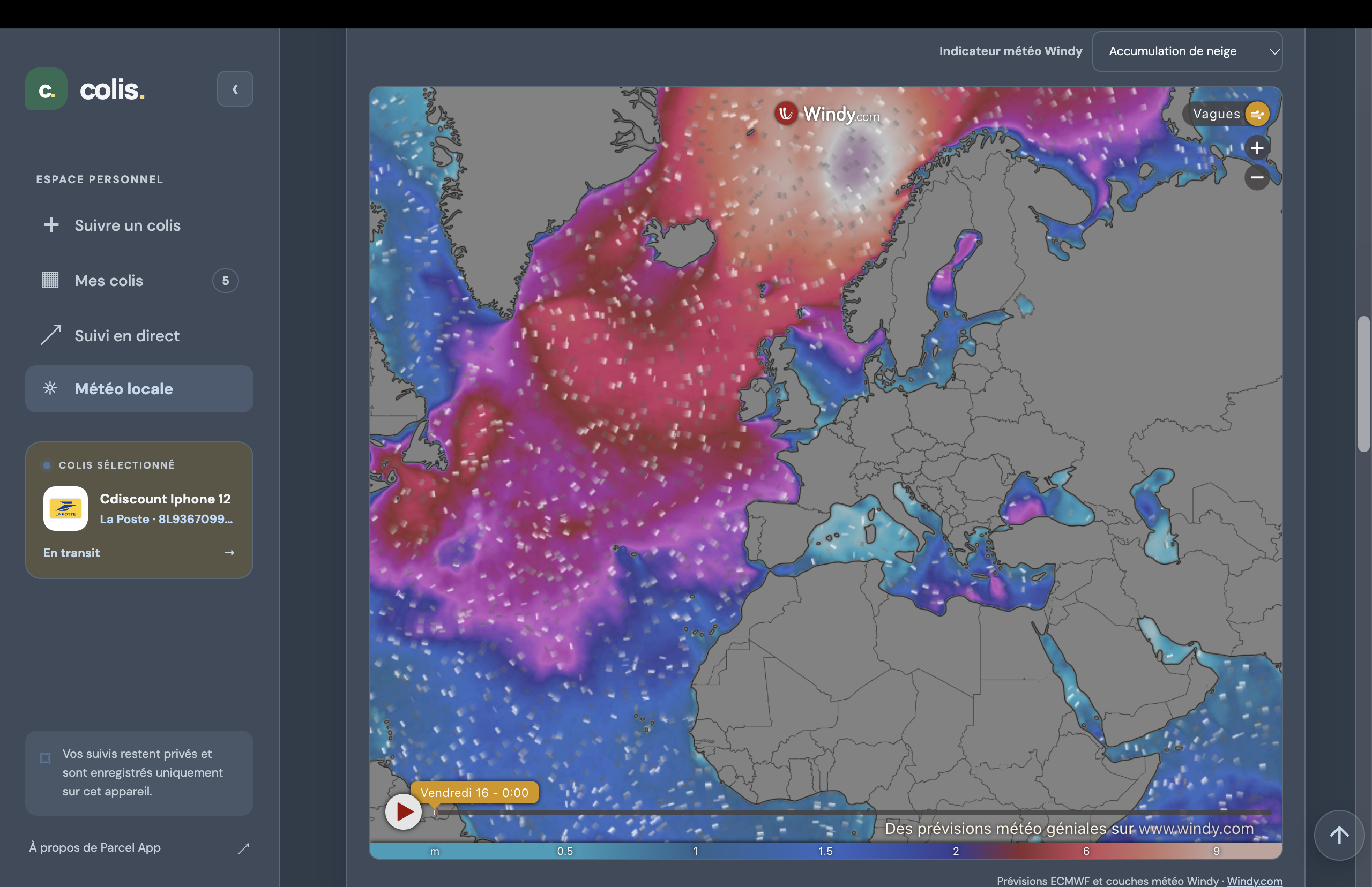 Weather view with an interactive Windy map